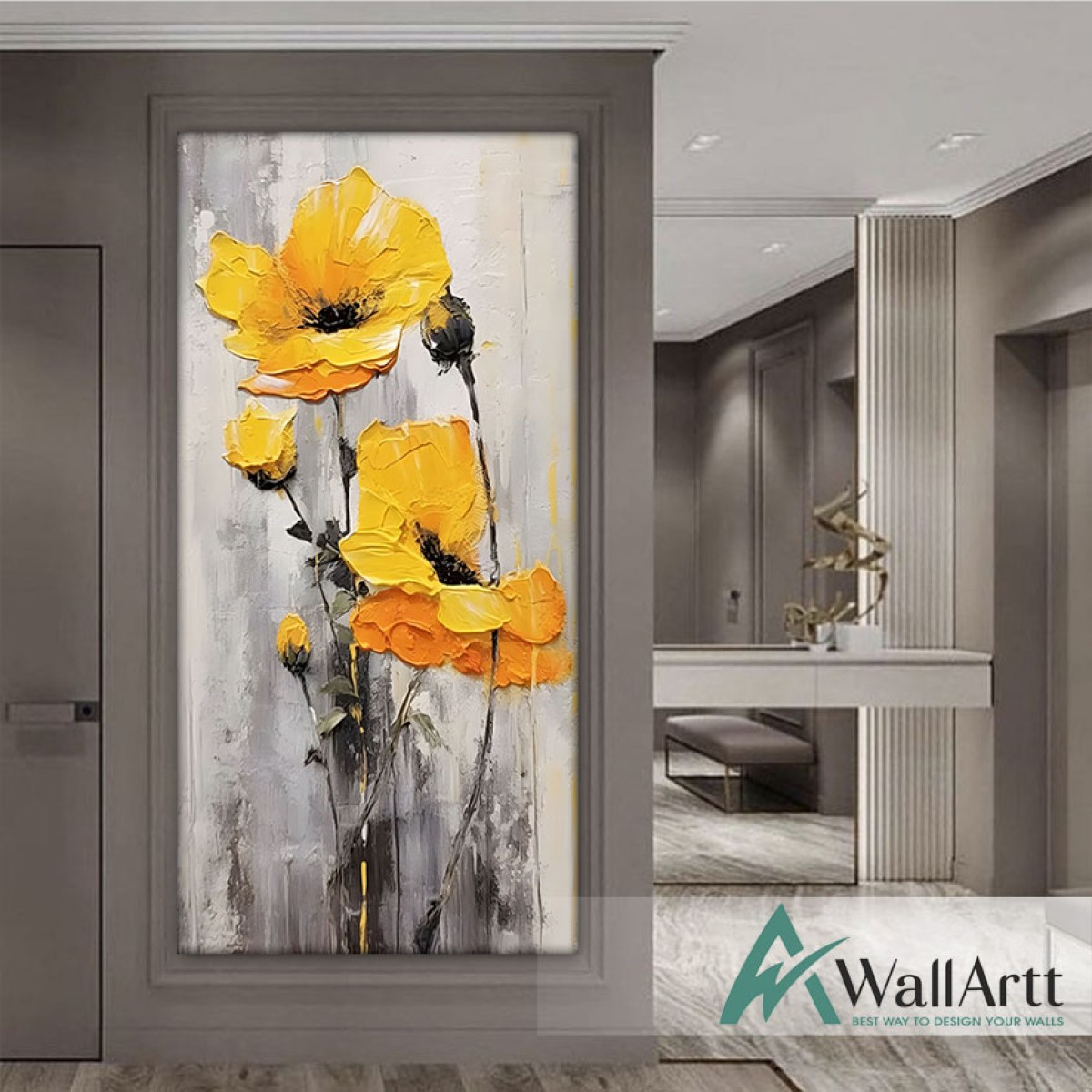 Yellow Flowers 3d Heavy Textured Partial Oil Painting - Wall Art